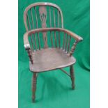 Antique elm seated stick back armchair