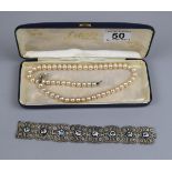 Cased L'etoule pearls together with enamel set bracelet