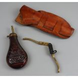 Powder flask, leather pistol holster & bullet press