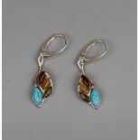 Pair of silver, turquois & amber earrings