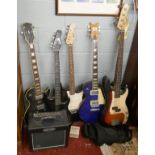 Collection of six electric guitars together with amp & metronome