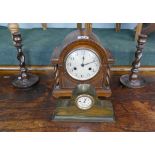 2 mantle clocks together with pair oak barley-twist candlesticks