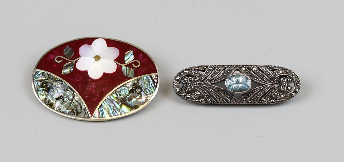 Silver & marcasite stone set brooch together with mother of pearl & enamel brooch marked Alpaca