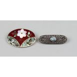 Silver & marcasite stone set brooch together with mother of pearl & enamel brooch marked Alpaca