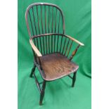 Antique elm seated stick back armchair