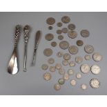Collection of coins & silver handled shoe horn & button hooks