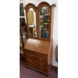 Queen Anne style burr walnut bureau bookcase with mirrored doors - Approx size W: 71.5cm D: 44cm
