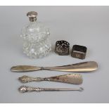 Collection of hallmarked silver to include silver topped perfume bottle