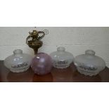 Brass oil lamp & 4 shades