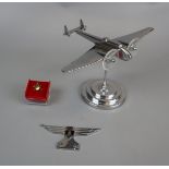 Hanley Page 'Hampden' aeroplane car mascot along with Teesside Flying Club badge & gold and enamel