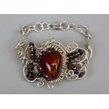 Silver garnet & amber bracelet