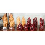 Collection of Oriental figures together with See No Evil, Speak No Evil, Hear No Evil monkeys