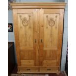 Pine wardrobe with carved panels - Approx size W: 130cm D: 57cm H: 195cm
