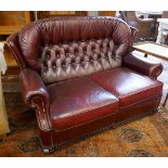 Red leather 2 seater button back sofa