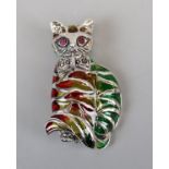 Silver plique-de-jour cat brooch