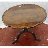 Burr walnut tilt top tripod table with pie-crust edge