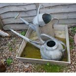 2 galvanised watering cans together with galvanised tray