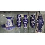 Blue & white Staffordshire jug & bowl and 4 Chinese blue & white vases