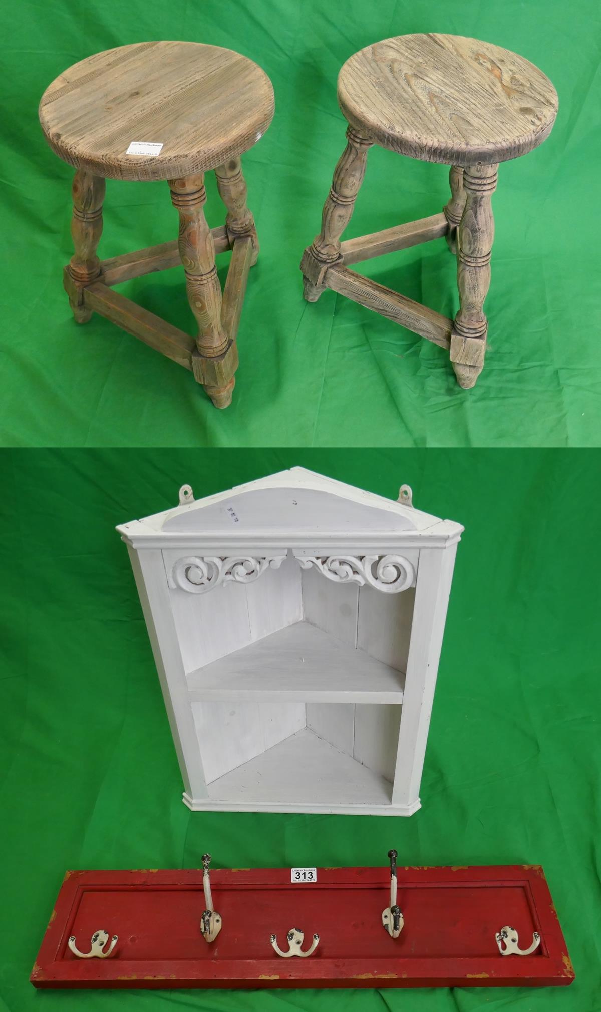Small corner cupboard together with coat rack and pair of rustic stools