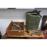 Collection of tools to include Jerry can & oil cans