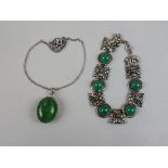 Matching silver bracelet & pendant on chain set with green onyx