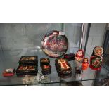 Collection of lacquered knick-knack boxes, Russian dolls etc