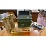 Military night scope, brass vases & stand