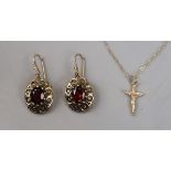 Pair of gold garnet earrings & small gold cross on chain