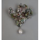 Silver enamel stone set Art Nouveau style pendant brooch