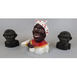 Metal Jolly Golly money box & 2 Jolly Golly head figures