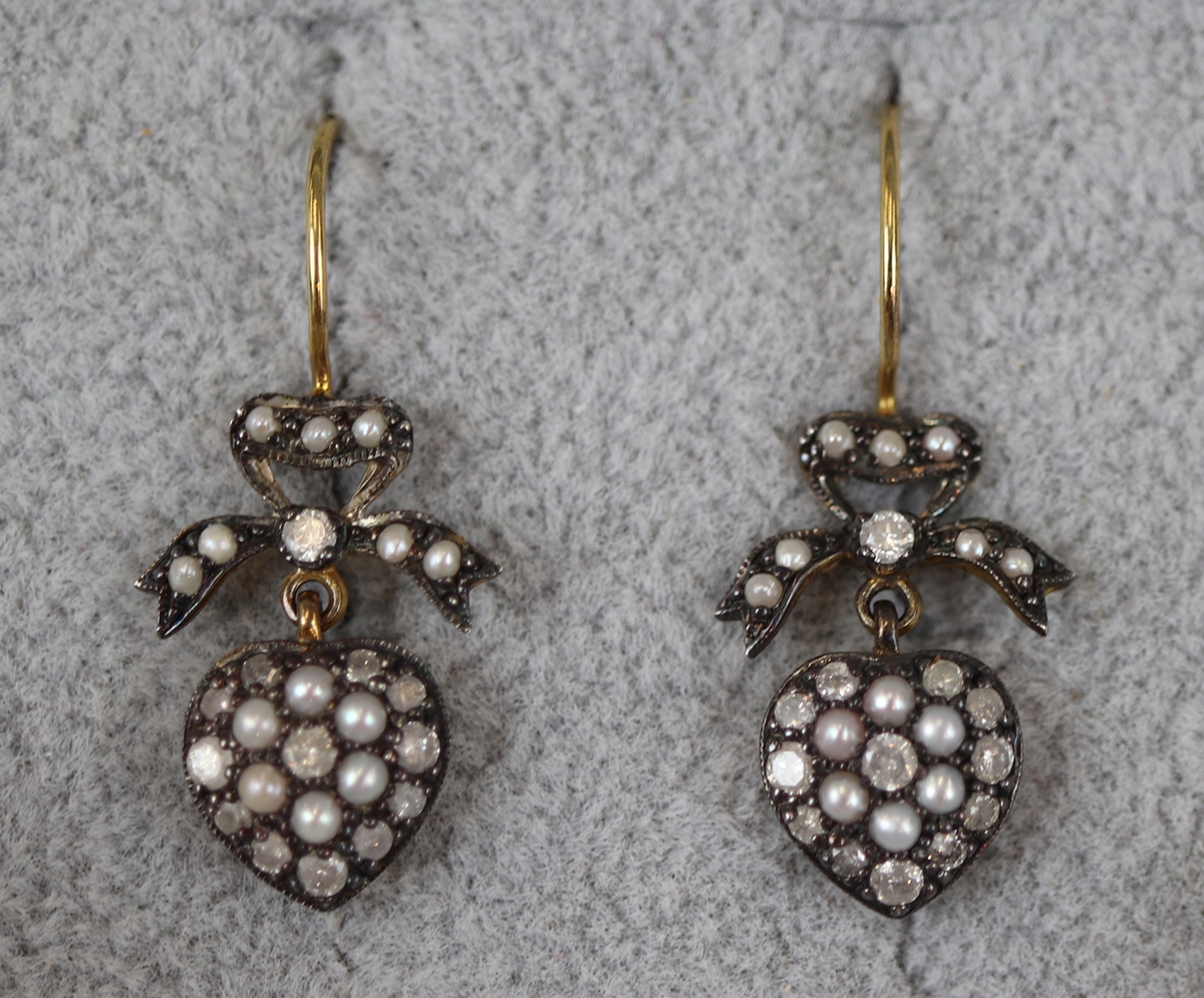 Pair of pearl & diamond heart shaped drop earrings