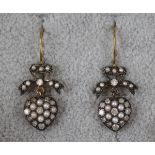 Pair of pearl & diamond heart shaped drop earrings