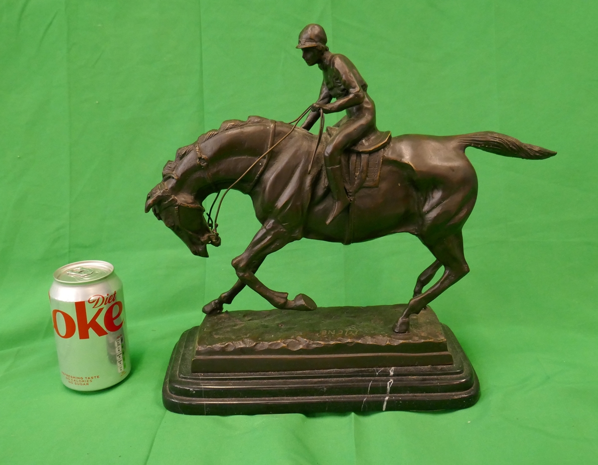 Bronze horse & jockey on marble base