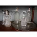 2 claret jugs, 2 vintage syphons, decanter and tray