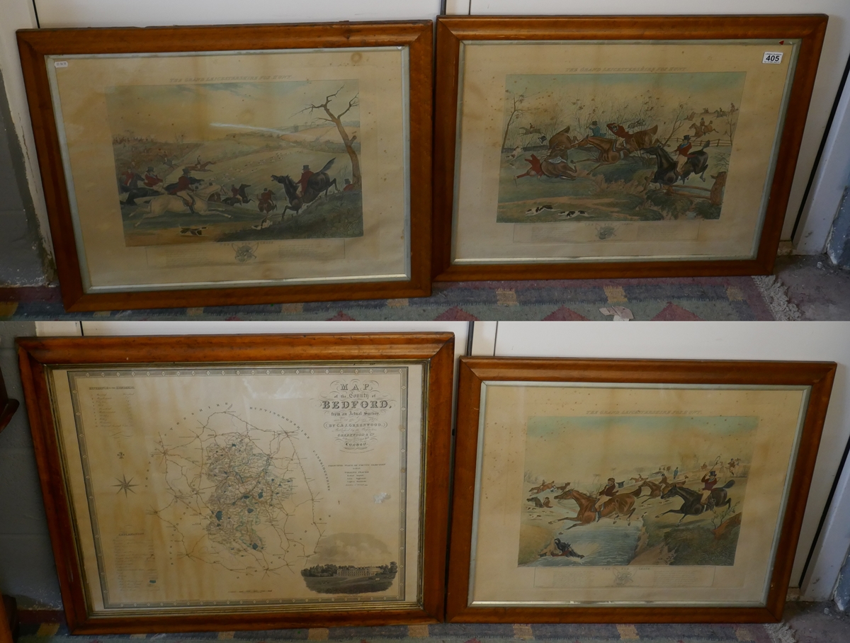 3 antique hunting prints & map of Bedford