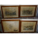 3 antique hunting prints & map of Bedford