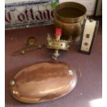 Copper warming pan, brass coal skuttle, hanging lamp & bottle case