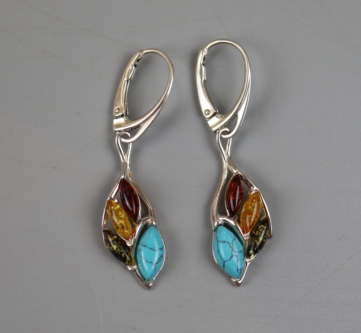 Pair of silver, amber & turquoise earrings