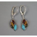 Pair of silver, amber & turquoise earrings