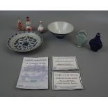 Collection of early Chinese porcelain to include Qing dynasty scent bottles & Sing dynasty plate