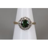 18ct gold green garnet & diamond cluster ring - Size N¼