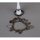 Silver charm bracelet, silver ring & small silver bracelet