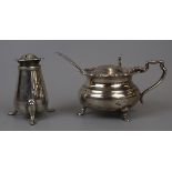 Hallmarked silver pepper pot & mustard pot with spoon & cobalt blue glass liner