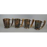 4 silver plate tankards with horn handles