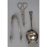 Hallmarked silver tea strainer & 2 hallmarked silver sugar tongues - Approx 112g