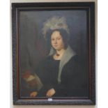 Oil on canvas - Lady in ornate frame - Approx image size: 69cm x 89cm