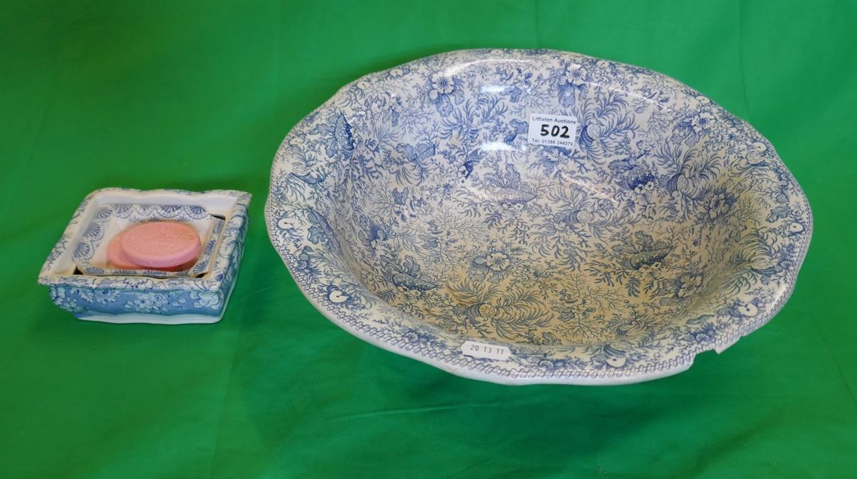 Early blue and white wash bowl and soap dish