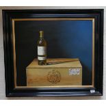 Oil on canvas - Wine bottle on wooden crate - Approx image size: 68cm x 58cm