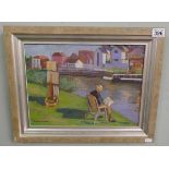 Olwen Tarrant - Oil on canvas - Man Reading by River - Approx image size: 39cm x 29cm