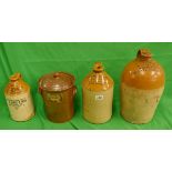 3 stoneware flagons and stoneware lidded jar